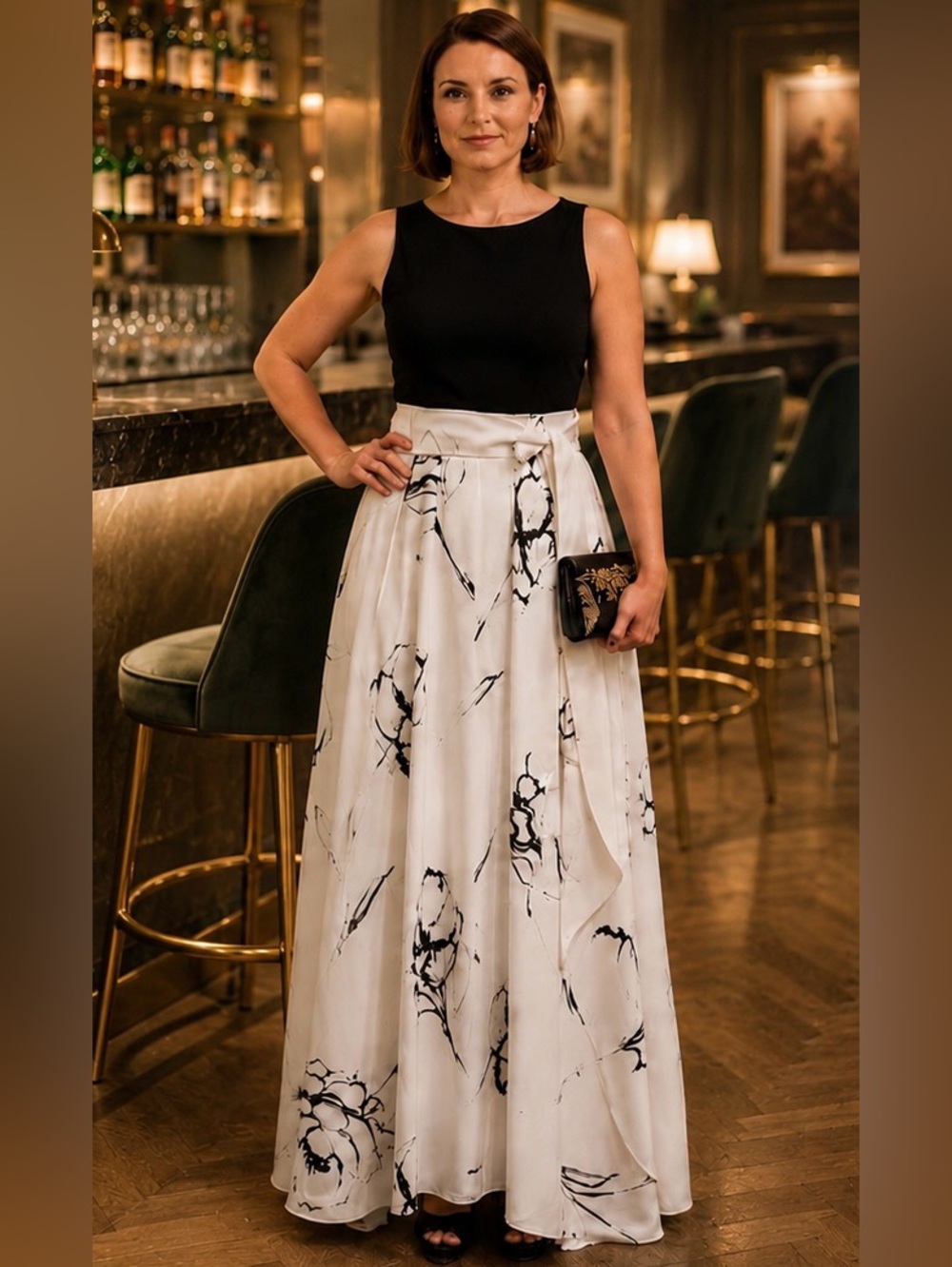 Lauren Ralph Lauren Black & Ivory Floral Fit & Flare Midi Dress | Size 8